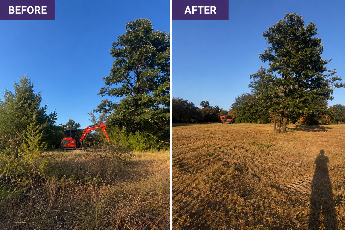 Overgrown pasture cleared to open, gradable land near Tulsa
