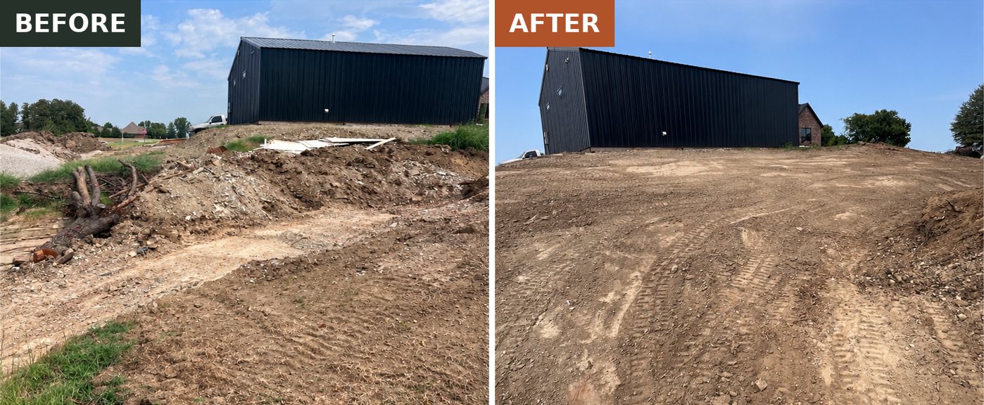 Before and after of a lot beside a metal shop building: spoil piles, stumps, and debris cleared and the ground graded
