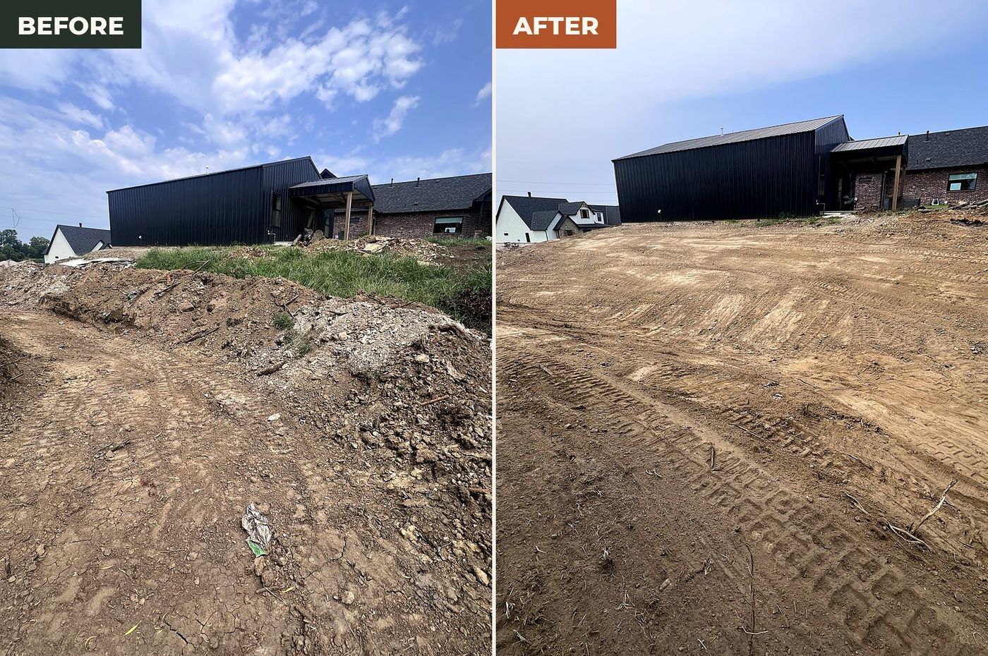 Before and after of a backyard cleared of spoil piles and debris, then rough graded near Tulsa
